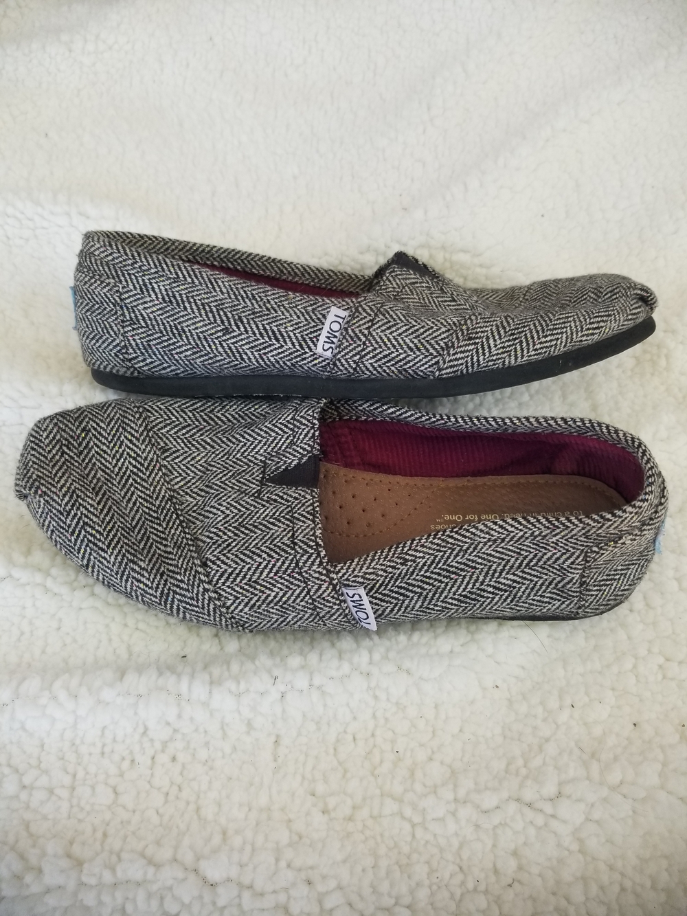 Toms Women's Herringbone Slip-On Loafers in Black & White with Burgundy Lining